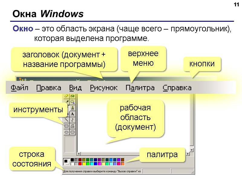 Окна Windows 11 Окно – это область экрана (чаще всего – прямоугольник), которая выделена